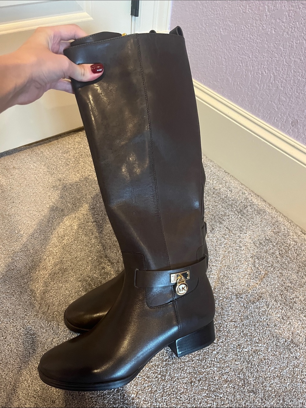Michael Kors Dark Brown Leather Knee-High Riding Boots with MK Charm